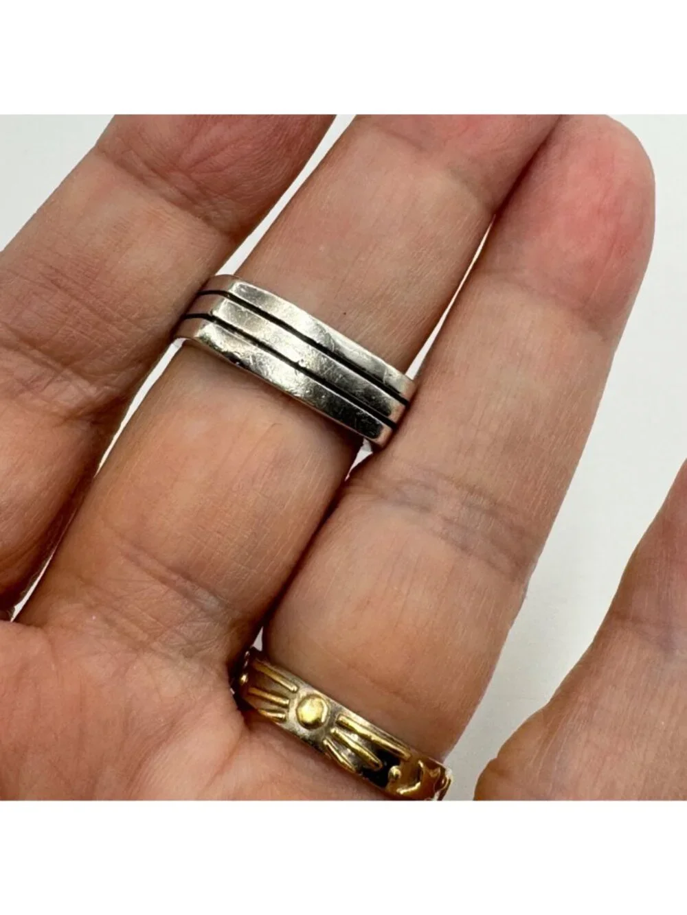 Squared Etched Design Band Sterling Silver 925 Ring Size 8.75